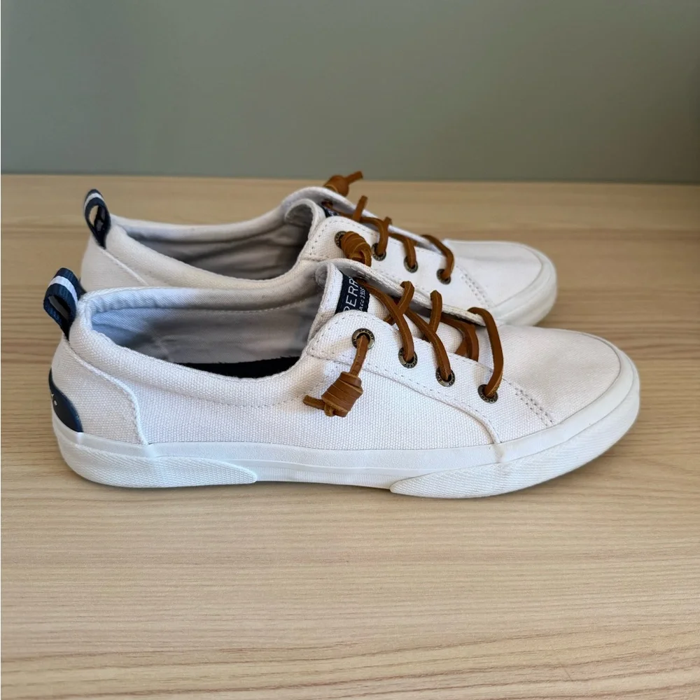 White Canvas Sperry Sneakers with Brown Leather Laces Boat Shoes - Picture 3 of 5